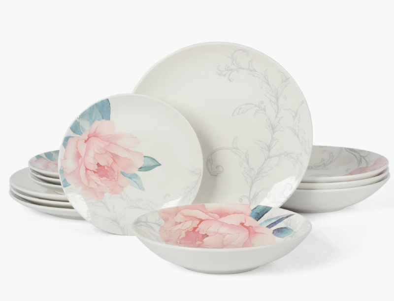 Martha Stewart Peony 12 Piece Porcelain Floral Dinnerware Set